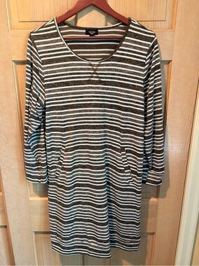Tacera Brown and White Striped Knit Tunic Dress